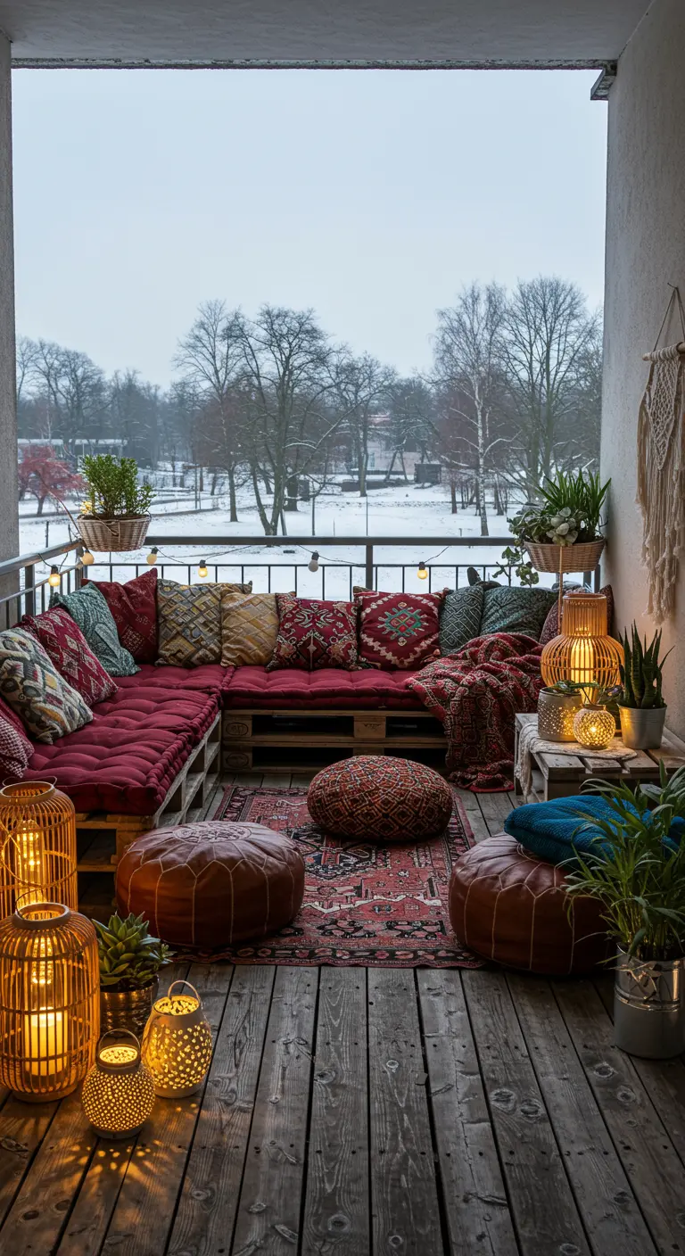 Balcon bohème avec canapé en palettes, coussins colorés, poufs et lanternes orientales.