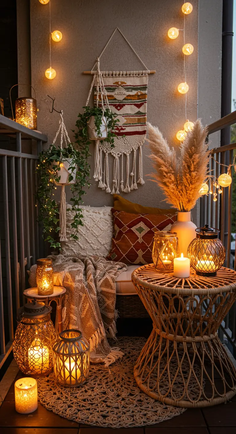 Balcon bohème avec lanternes, macramé, plantes suspendues et guirlandes lumineuses.