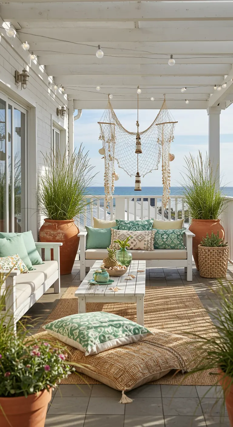 Terrasse côtière avec mobilier blanc, coussins menthe, filet de pêche décoratif et plantes.