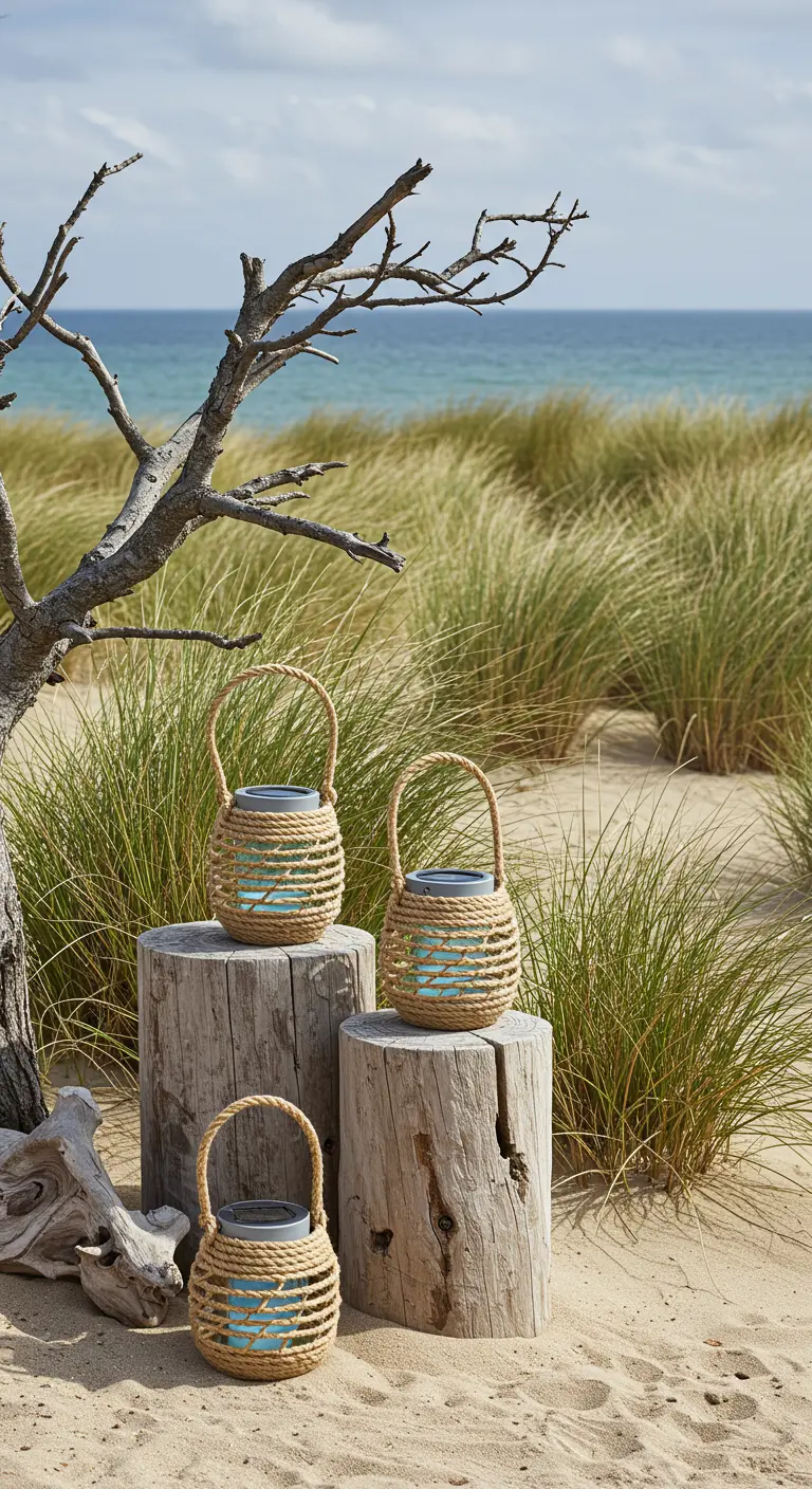 Lanternes solaires en corde posées sur des troncs de bois flotté au bord de la mer.