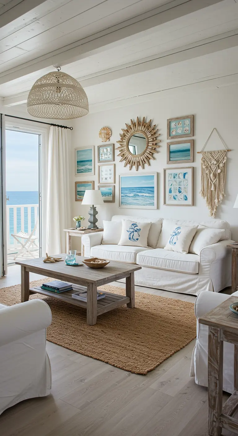 Salon côtier lumineux avec mur blanc, miroir soleil, cadres bleus marins, macramé et canapé blanc.