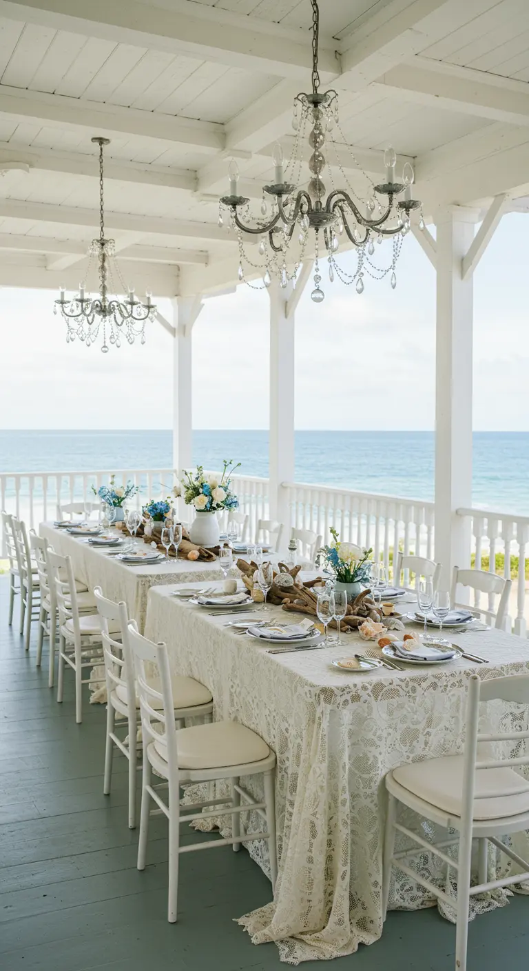 Longue table en dentelle blanche sur une terrasse côtière avec chandeliers, vue sur la mer.