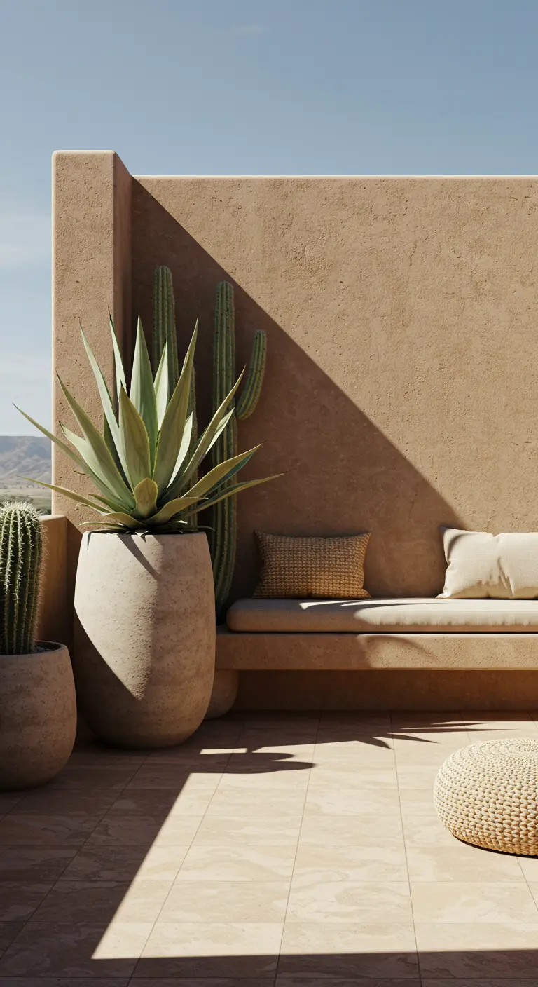 Terrasse style désert avec agaves, cactus, pots clairs et mobilier intégré aux tons sable.