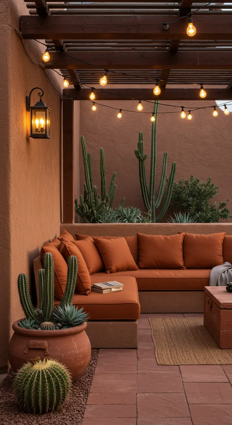 Terrasse terracotta avec canapé orange, cactus en pot, guirlandes lumineuses et lanterne murale rustique.