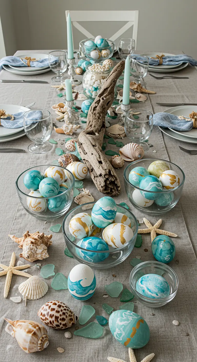 Table thème marin avec bois flotté, coquillages et œufs aux motifs vagues bleus et dorés.