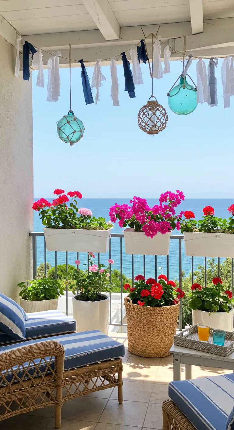 Balcon vue mer avec coussins rayés, jardinières et décorations marines.