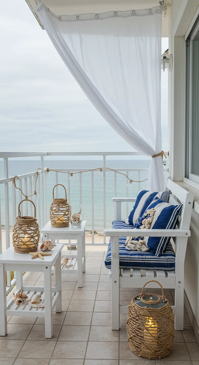 Balcon marin avec banquette blanche, coussins rayés bleus, décorations coquillages et voilage blanc.