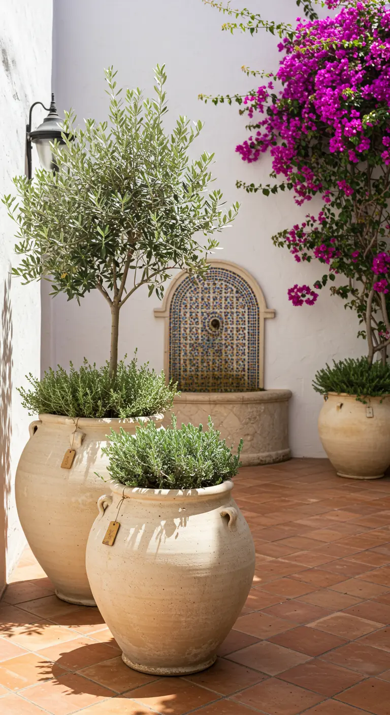 Patio méditerranéen avec grands pots beiges, olivier, bougainvillier et fontaine en mosaïque.
