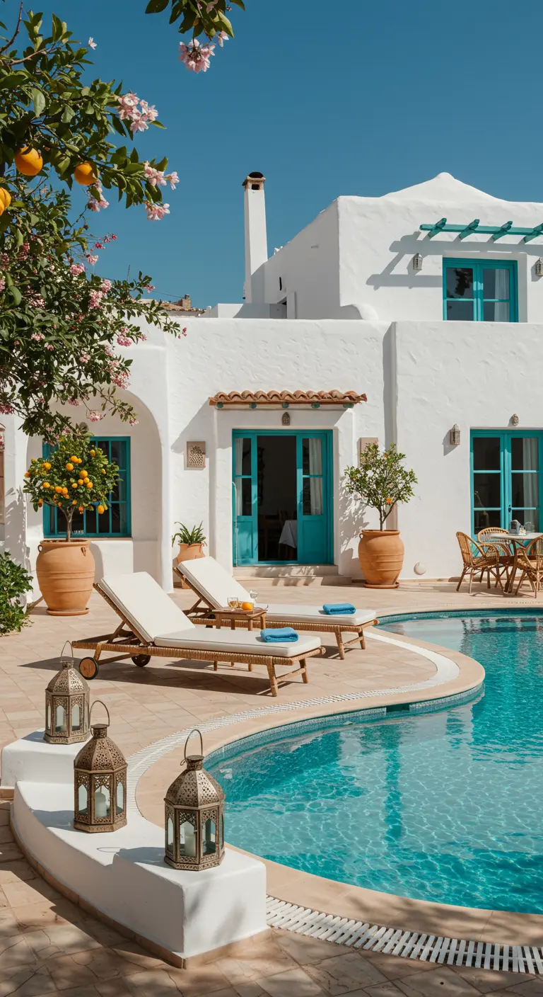 Villa méditerranéenne blanche avec piscine, transats, orangers en pots et lanternes en métal.