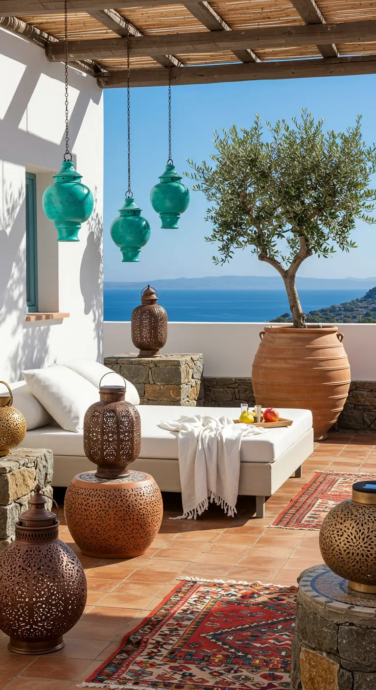 Terrasse méditerranéenne avec lampions turquoises et lanternes en métal ciselé, vue sur la mer.