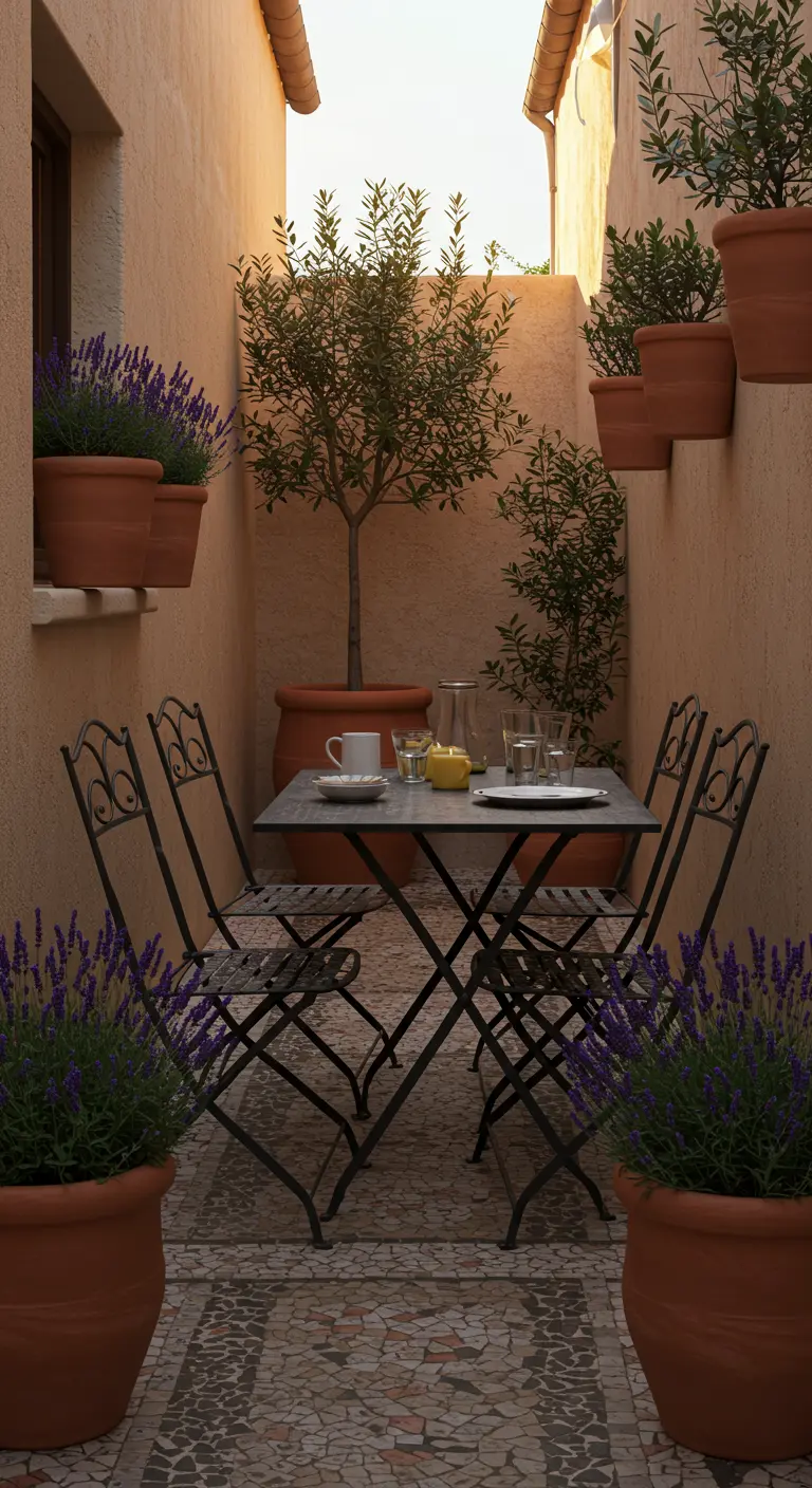 Passage étroit avec table et chaises pliantes en fer forgé, pots de lavande et oliviers.