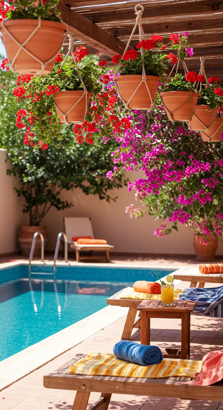 Piscine ensoleillée avec chaises longues et pots suspendus de géraniums rouges et bougainvilliers roses.