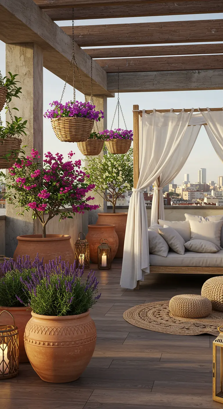 Grande terrasse avec lit baldaquin, pots en terre cuite, bougainvilliers et lanternes.