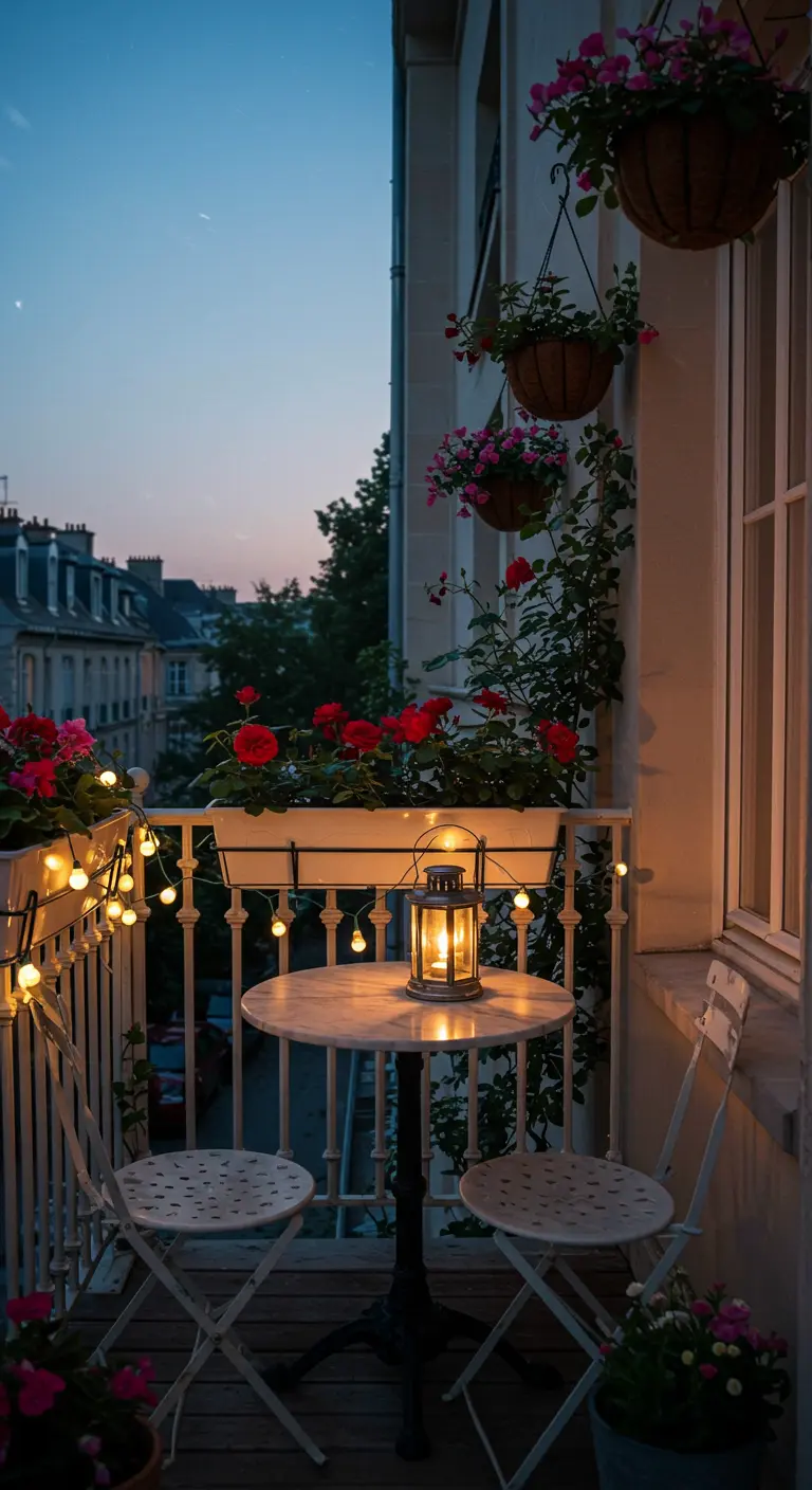 Balcon de soirée avec guirlandes lumineuses, lanterne, table ronde, chaises blanches et roses rouges.