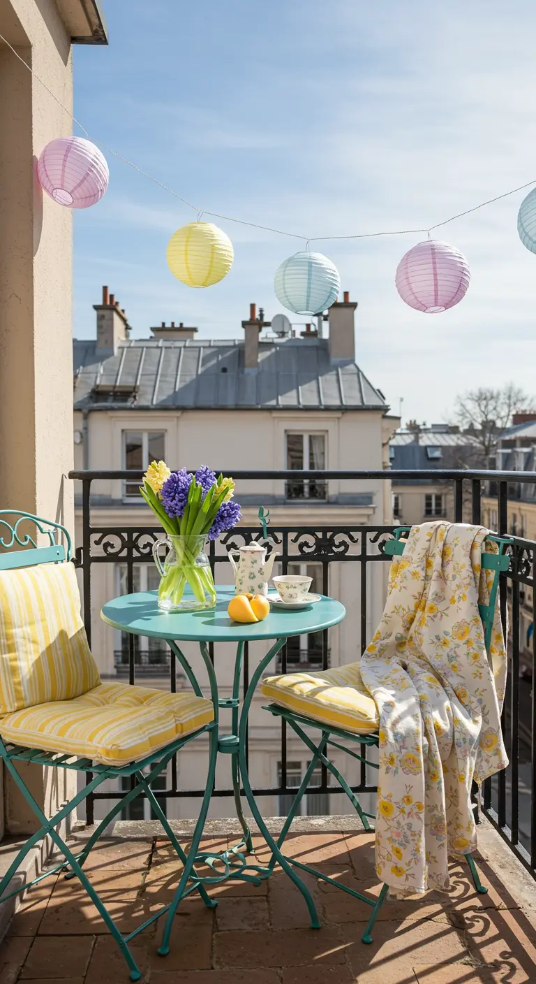 Petit balcon parisien avec lampions pastel, ensemble bistro turquoise, coussins jaunes et jacinthes.