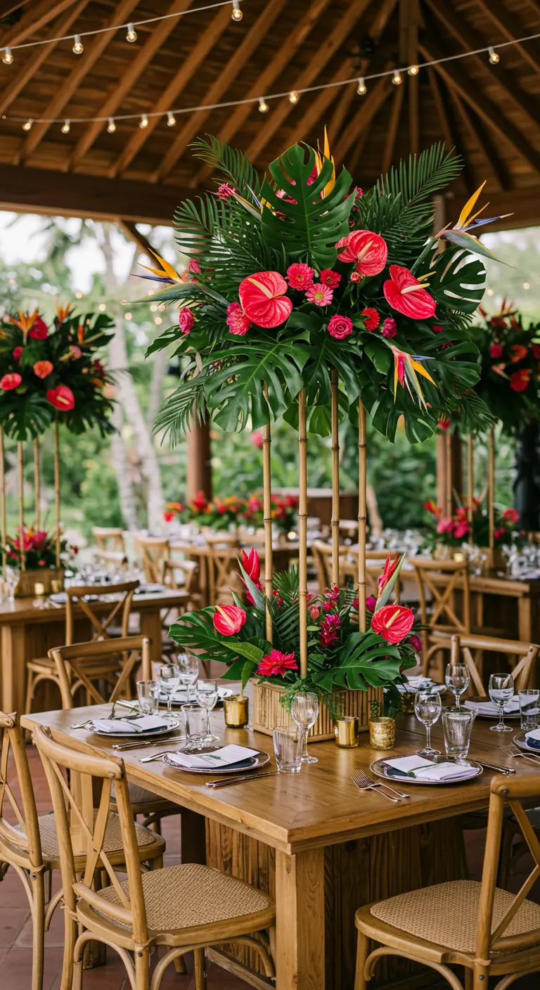 Table de réception en bois sous une pergola, avec centres de table hauts de fleurs tropicales rouges et feuillage vert sur des supports en bambou.