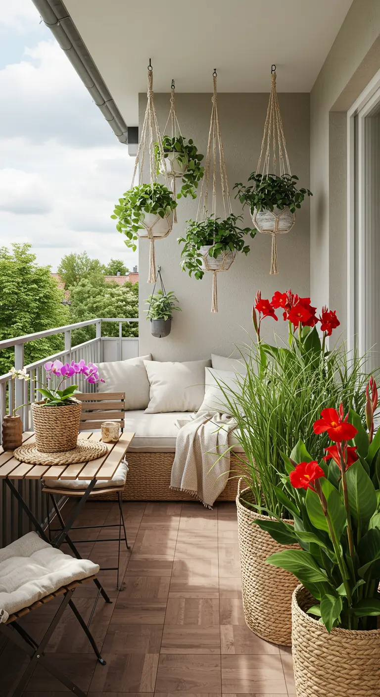 Balcon serein avec cannas, herbes hautes, canapé tressé et suspensions végétales.