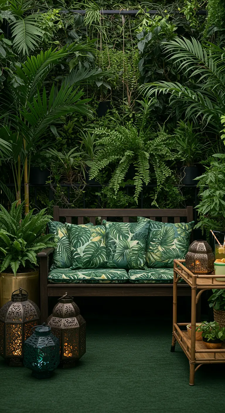 Balcon luxuriant avec banquette tropicale, grandes lanternes marocaines et mur végétal dense.