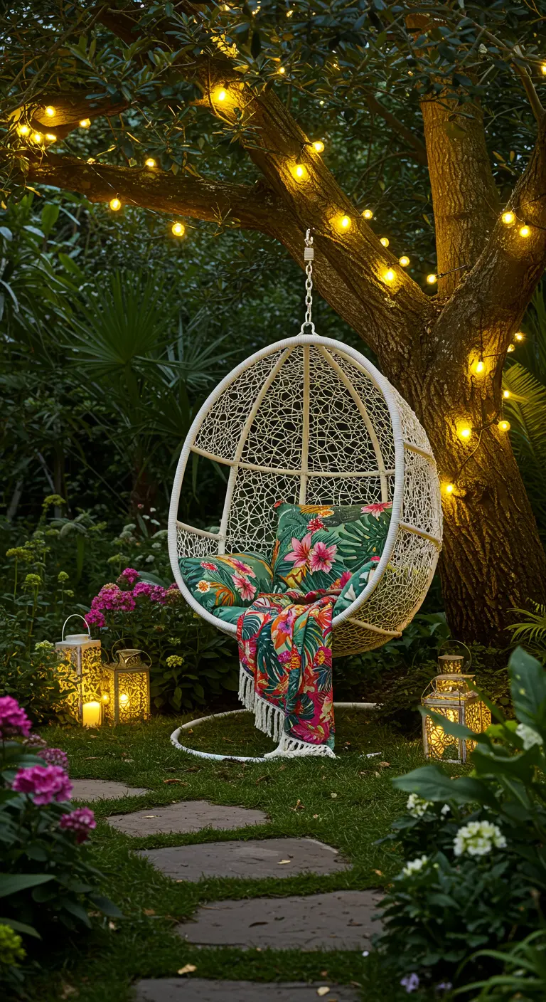 Fauteuil œuf blanc dans un jardin luxuriant, avec coussins tropicaux et guirlandes lumineuses.
