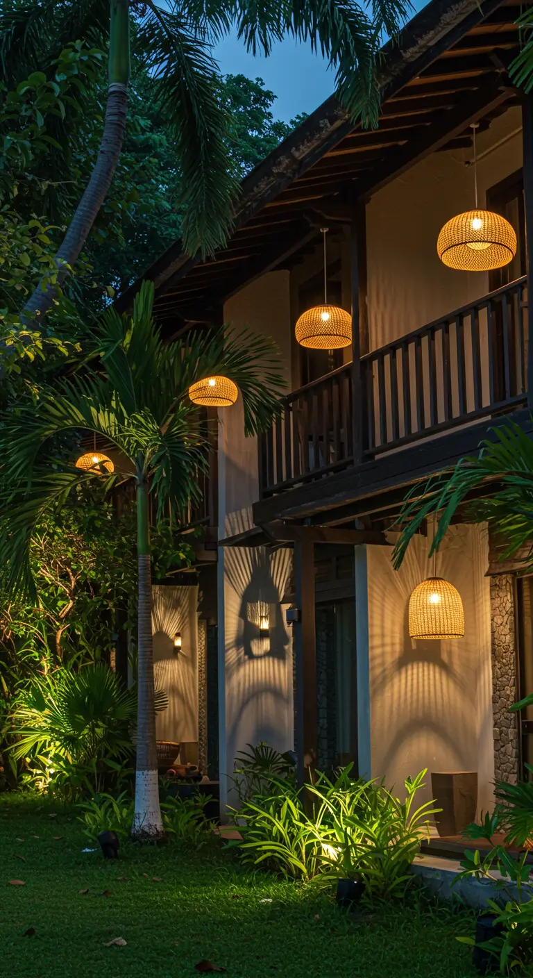 Maison tropicale avec suspensions en rotin et spots lumineux sur la végétation.