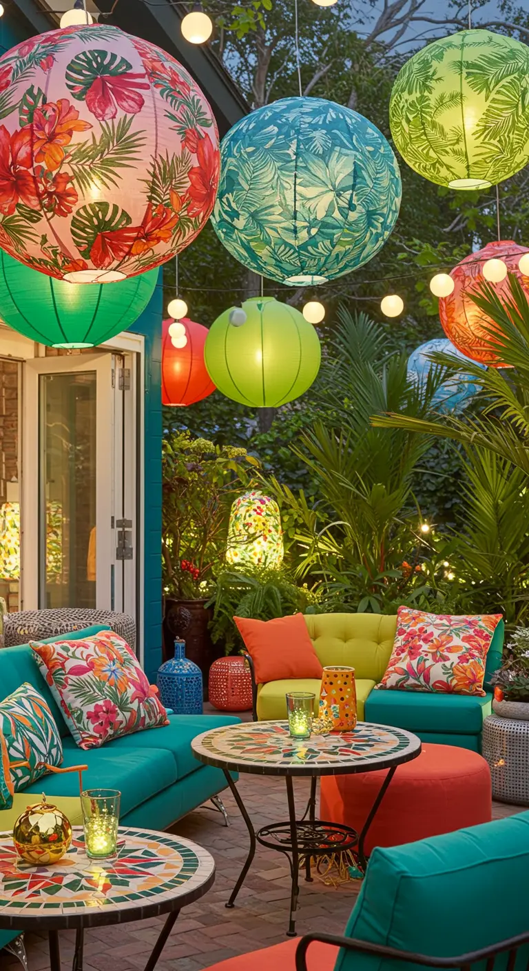 Patio tropical vibrant avec mobilier coloré, tables mosaïques et lampions à motifs floraux.