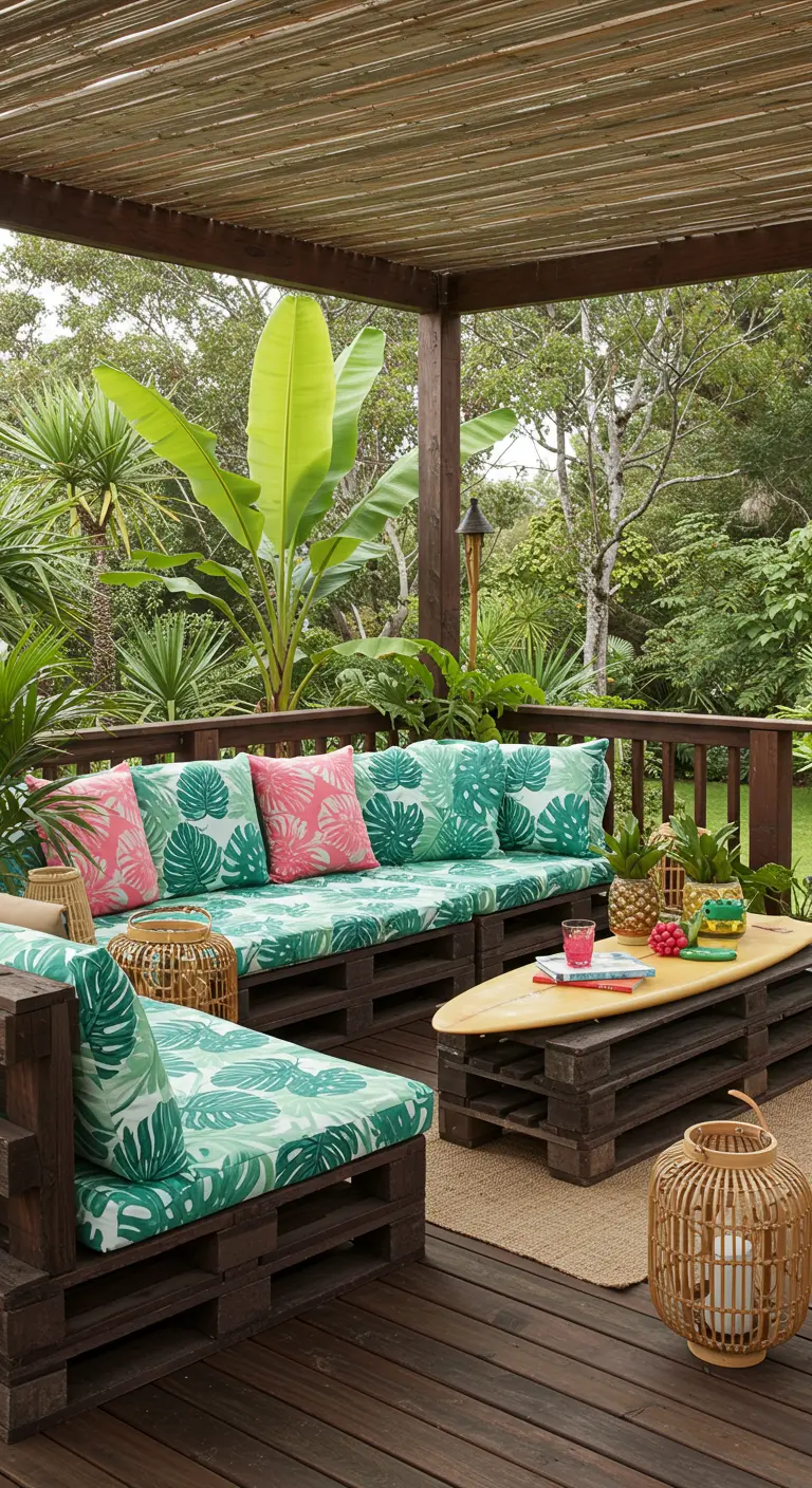 Salon de jardin palettes foncées, coussins tropicaux, table basse surf, pergola bambou.