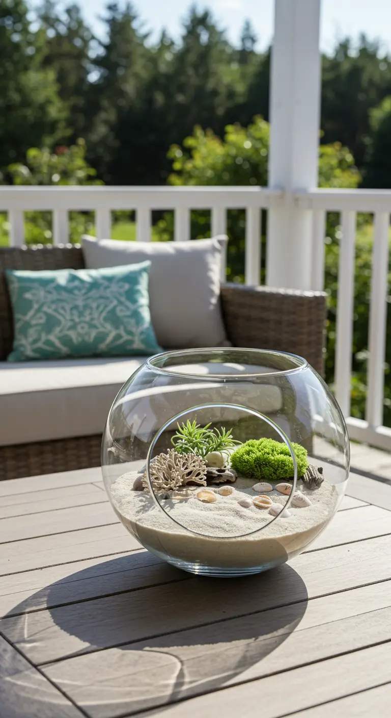 Terrarium marin ouvert dans un bol en verre sur une table de patio, avec sable, coquillages, coraux et plantes succulentes.