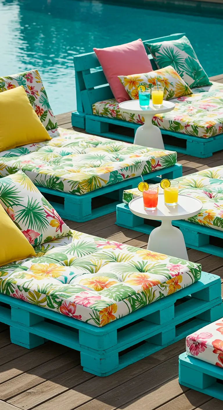 Transats en palettes turquoise avec coussins tropicaux, au bord d'une piscine ensoleillée.