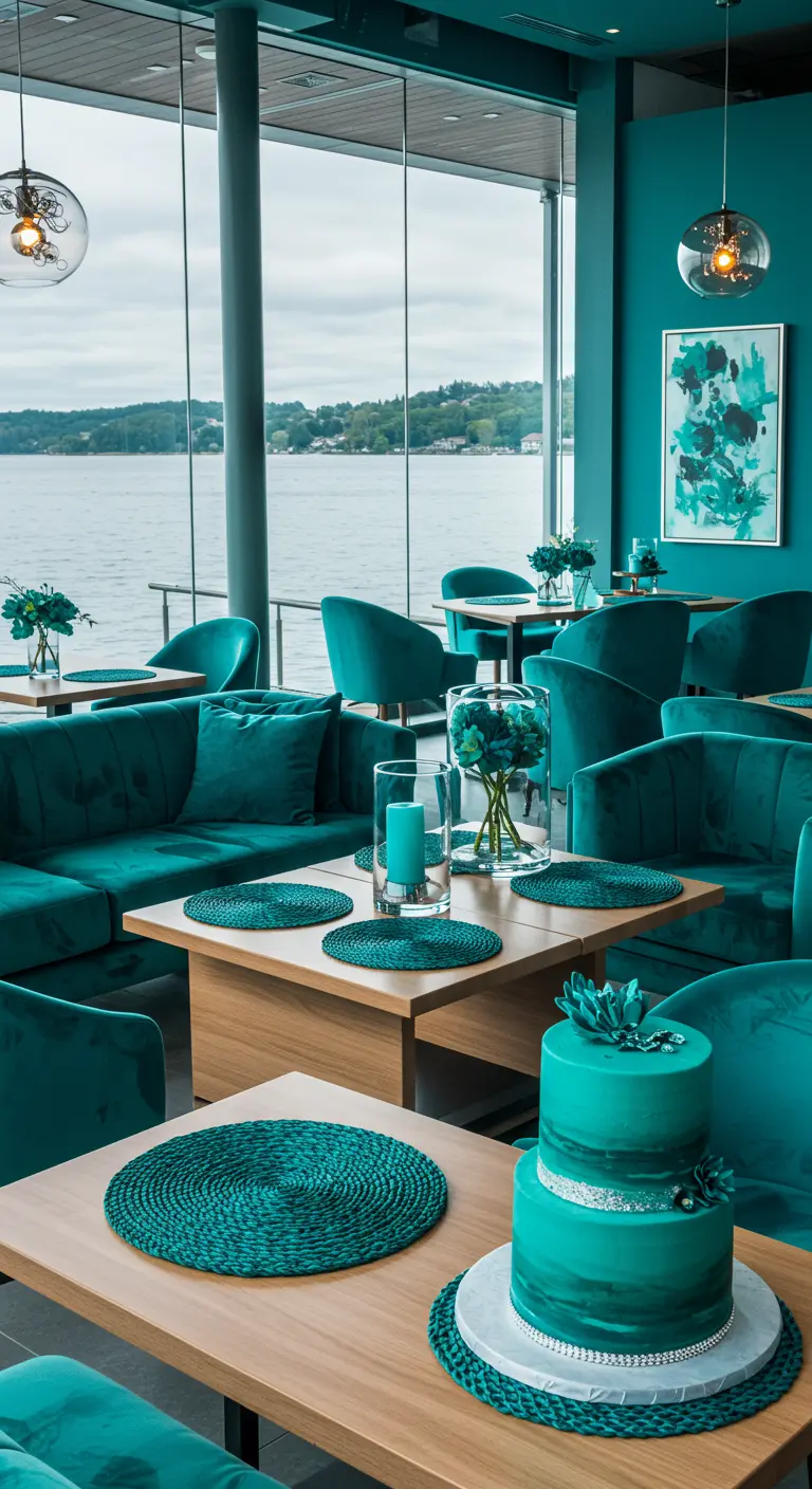 Salon/restaurant monochrome turquoise avec canapés en velours, tables en bois et gâteau à étages.