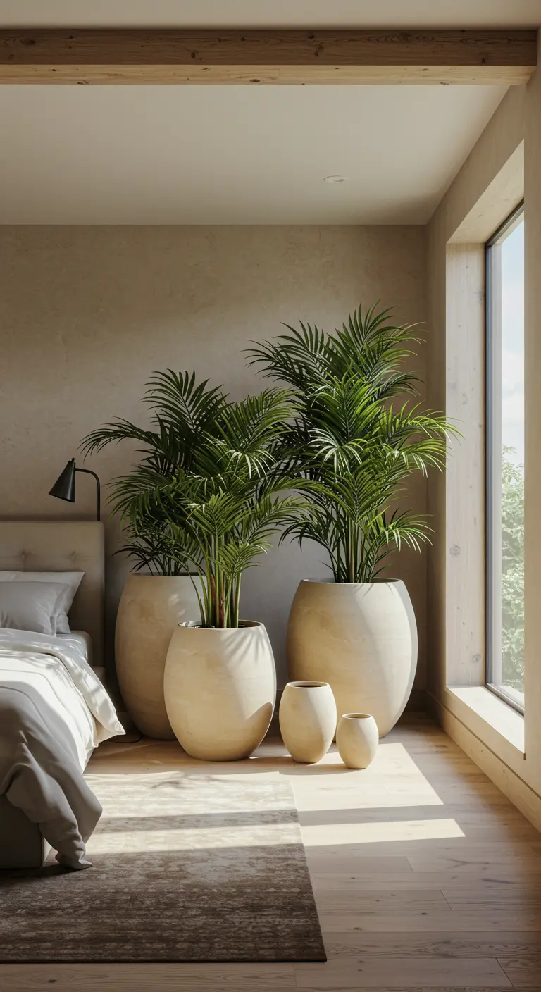 Grands palmiers dans des pots beiges clairs de différentes tailles dans une chambre lumineuse.