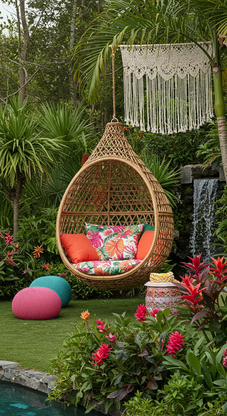 Fauteuil œuf en rotin, coussins floraux, jardin tropical luxuriant avec cascade.