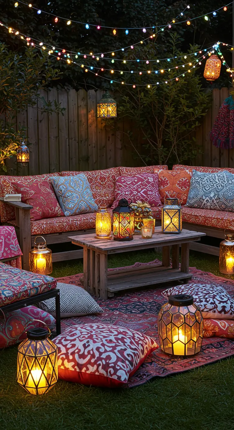 Coin salon extérieur bohème avec coussins colorés, guirlandes lumineuses multicolores et lanternes solaires variées.