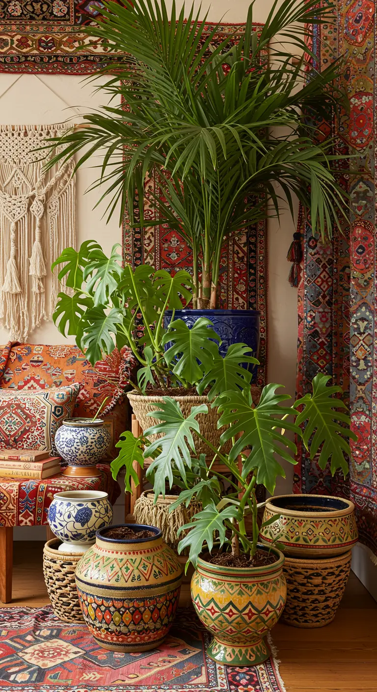 Collection de plantes tropicales dans des pots ethniques et paniers, avec textiles.