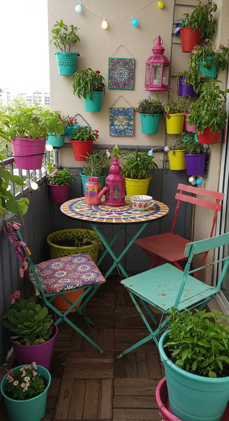 Balcon bohème avec table mosaïque colorée, chaises dépareillées et murs décorés de pots et lanternes.