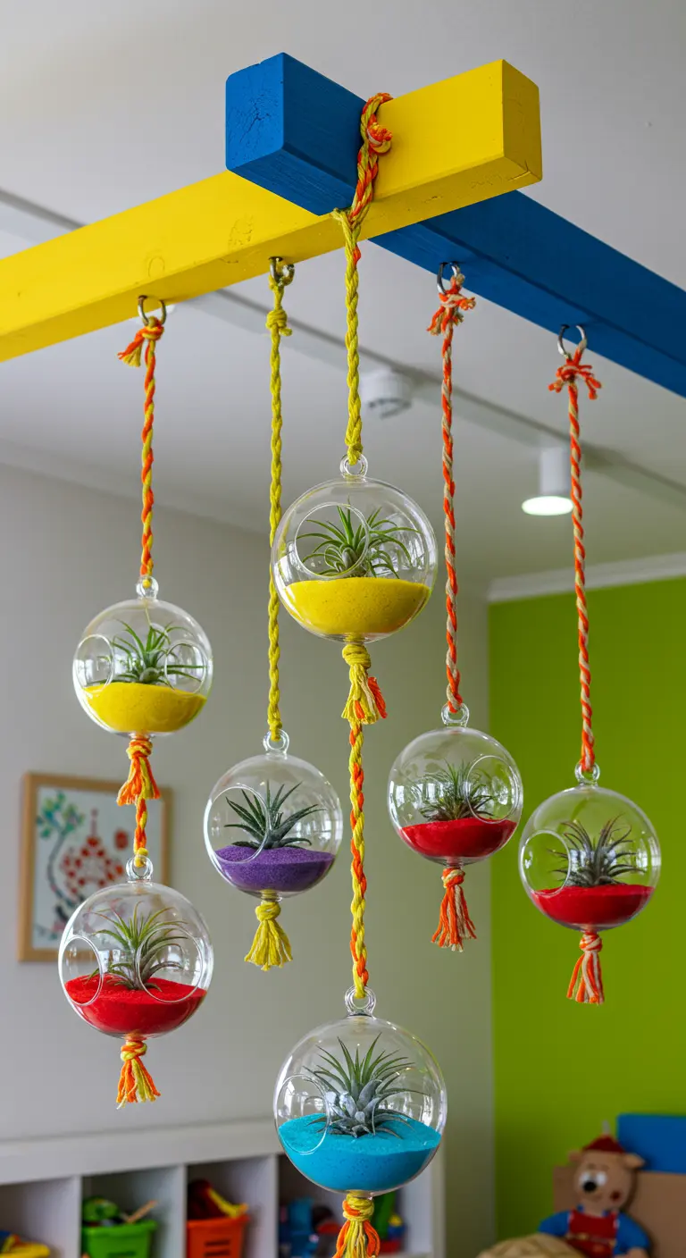 Sept terrariums sphériques avec Tillandsias et sables colorés suspendus par des cordes tressées à des poutres peintes en jaune et bleu.