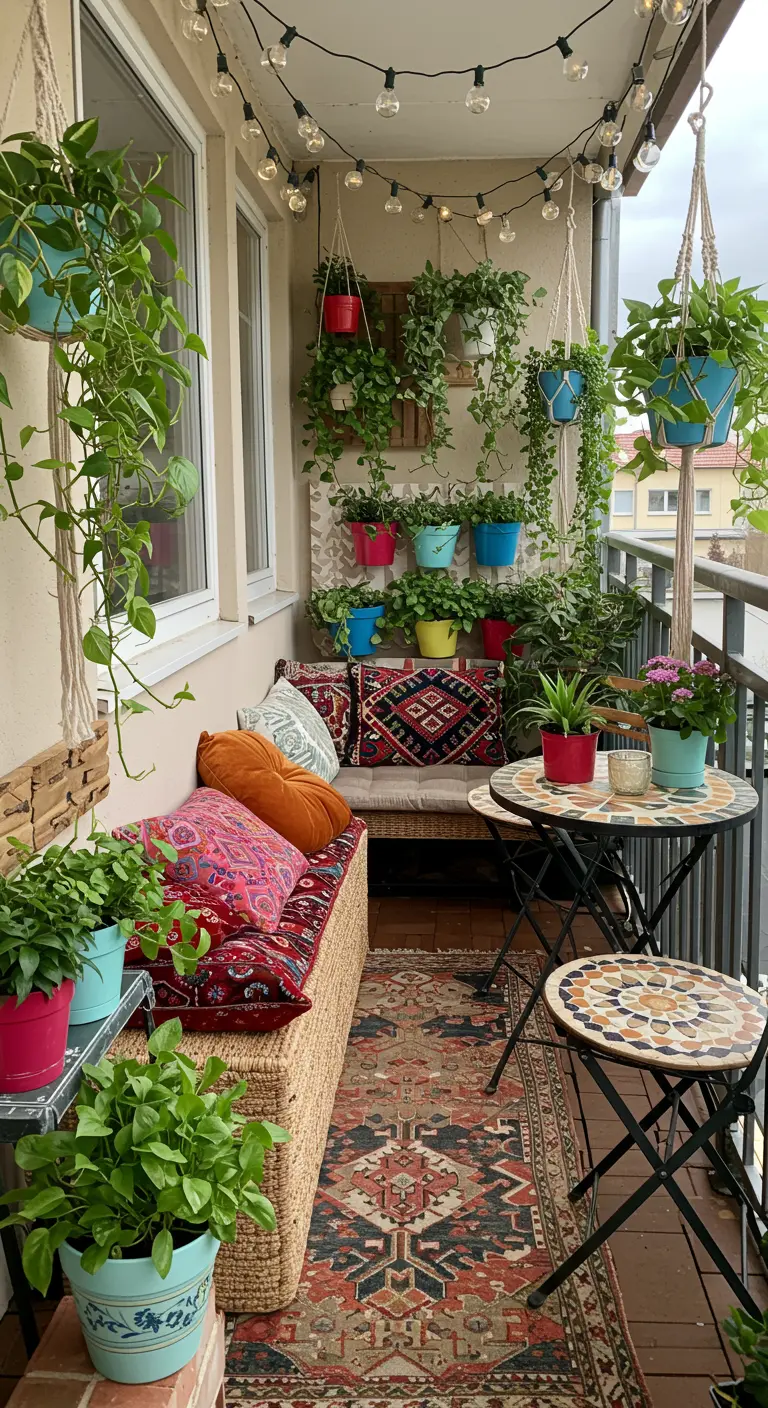 Balcon coloré avec banquette, coussins ethniques, tables mosaïques et plantes suspendues
