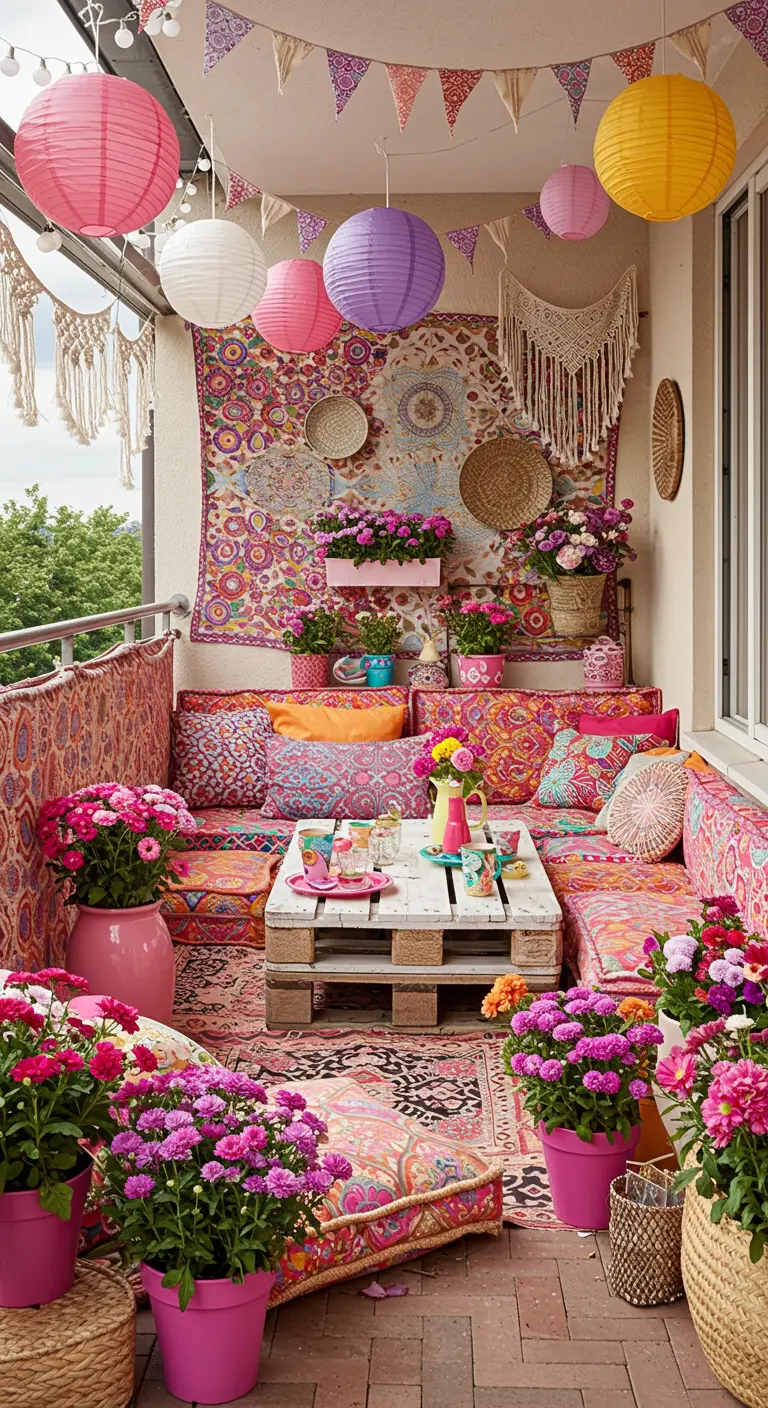 Balcon bohème très coloré avec coussins, table en palettes et fleurs roses.
