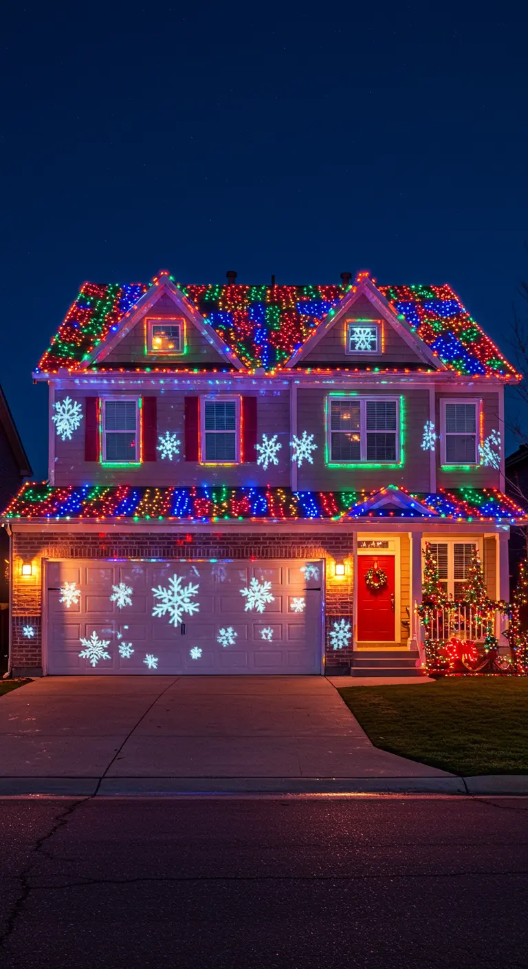 Maison familiale décorée de guirlandes lumineuses multicolores et de projections de flocons de neige sur les murs.
