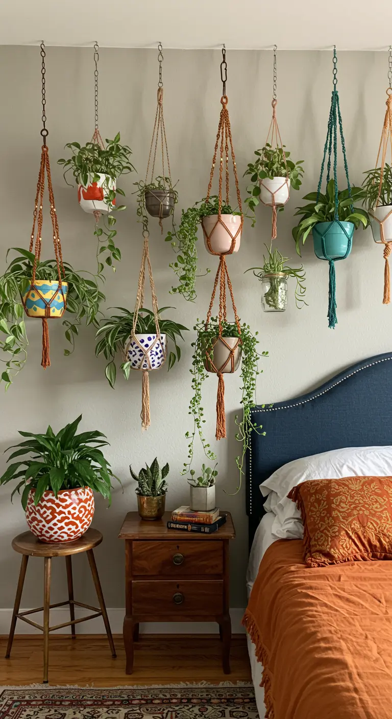 Mur beige avec une bande bleue, et des pots suspendus colorés (fuchsia, turquoise) avec des plantes vertes.