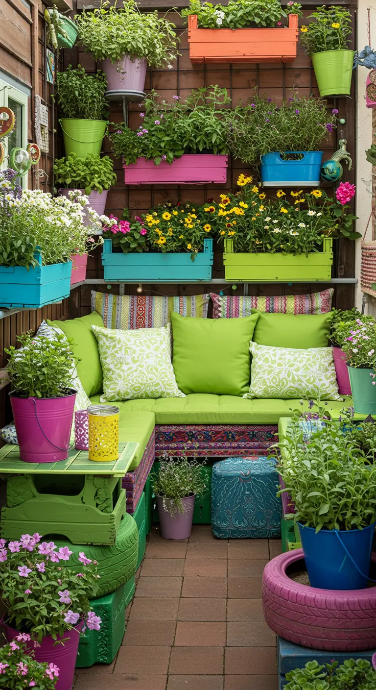 Balcon coloré avec jardinières murales, coussins et pneus peints.