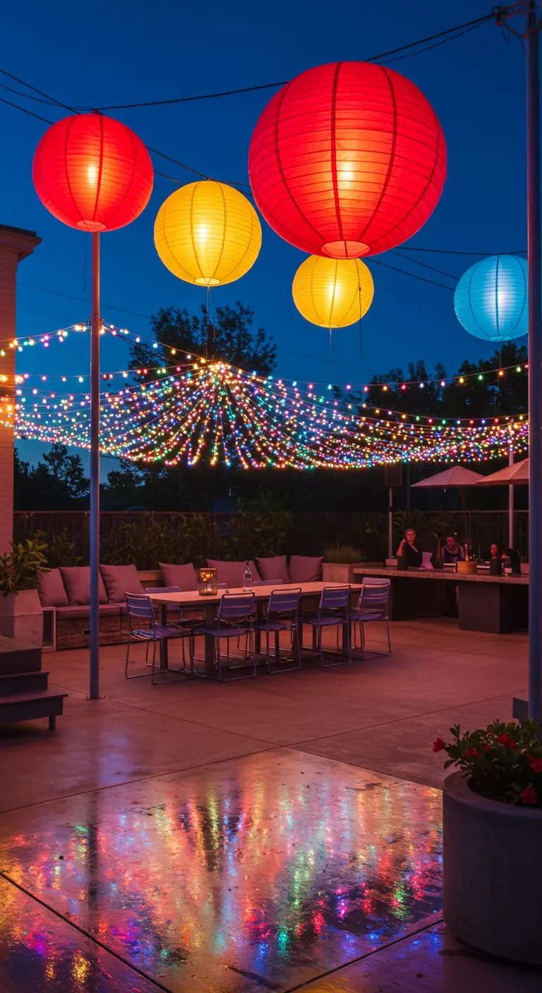 Grande terrasse extérieure avec salle à manger et salon, guirlandes multicolores et grands lampions.