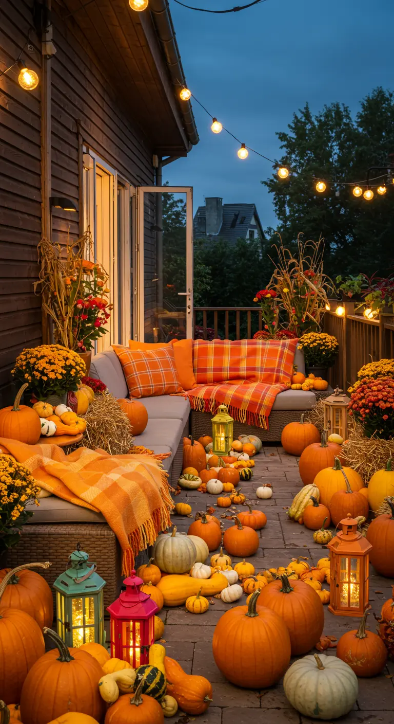 Terrasse en bois avec canapé d'angle, très nombreuses citrouilles, lanternes colorées, guirlandes et chrysanthèmes.