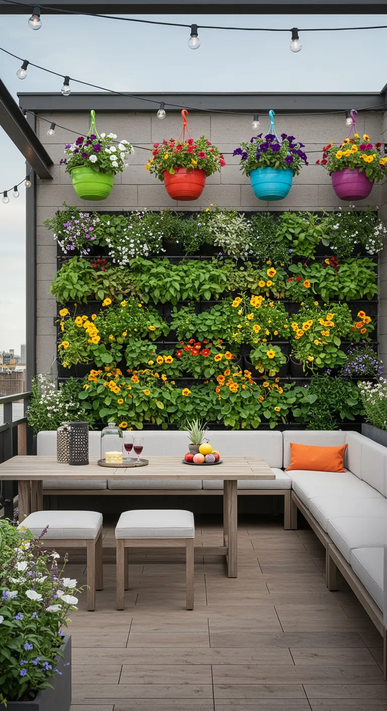 Terrasse colorée avec un mur végétal exubérant et des paniers suspendus aux pots multicolores.