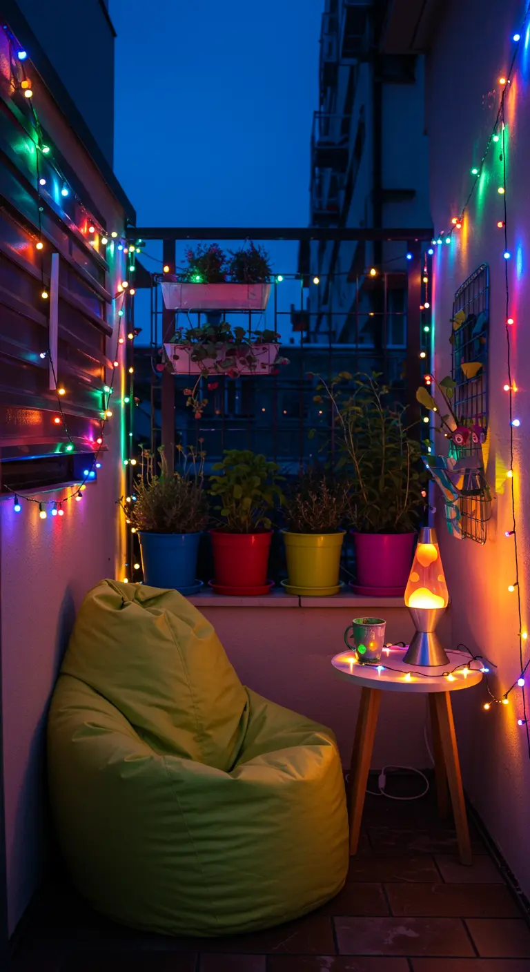 Petit balcon décoré de guirlandes lumineuses multicolores, pots de fleurs colorés et pouf.