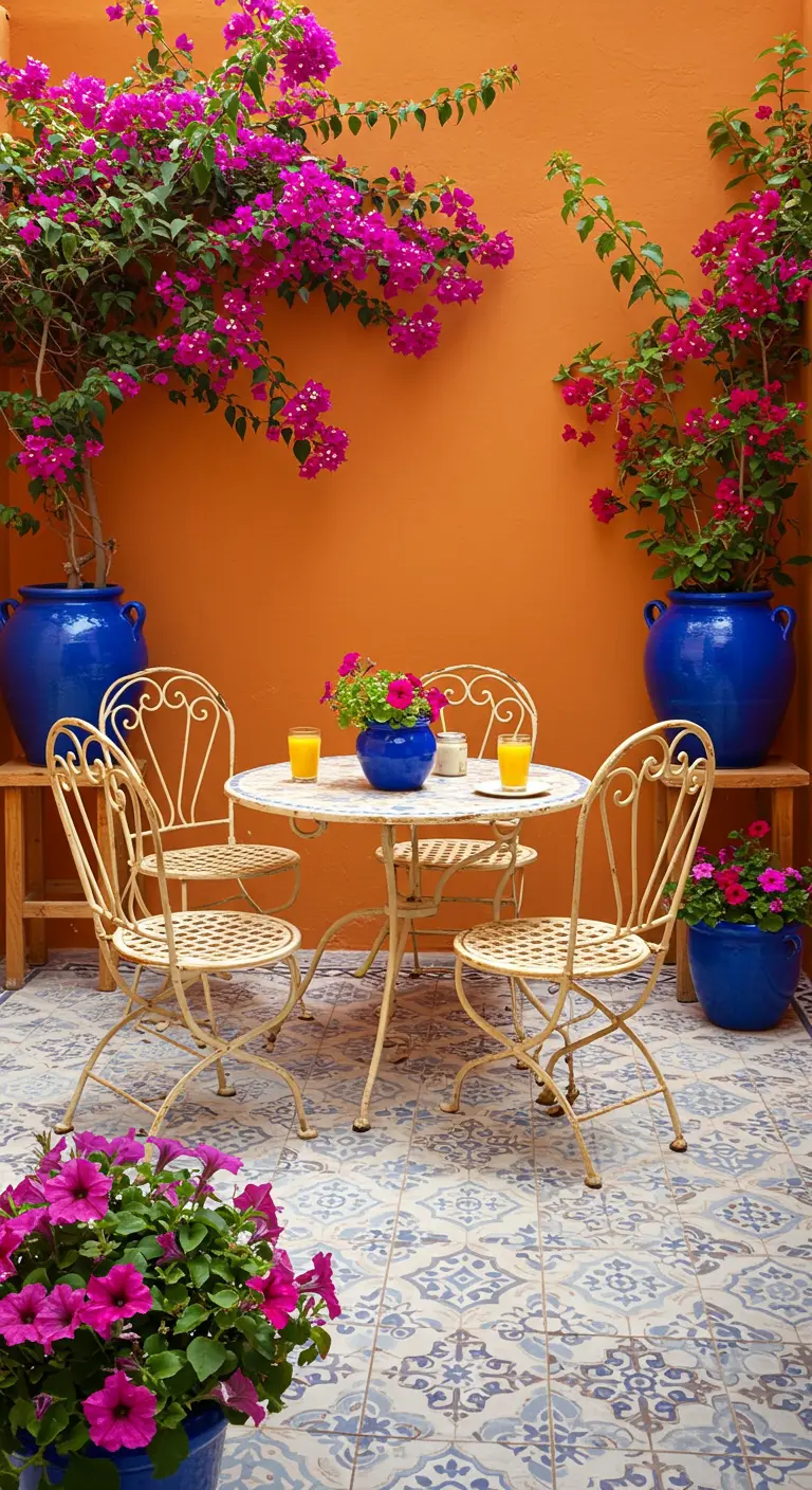 Cour colorée avec mur orange, pots bleus, bougainvilliers et ensemble bistro en fer forgé crème.