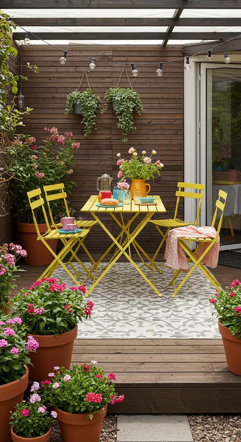 Terrasse en bois avec ensemble repas pliant jaune, tapis à motifs et de nombreux pots de fleurs roses.