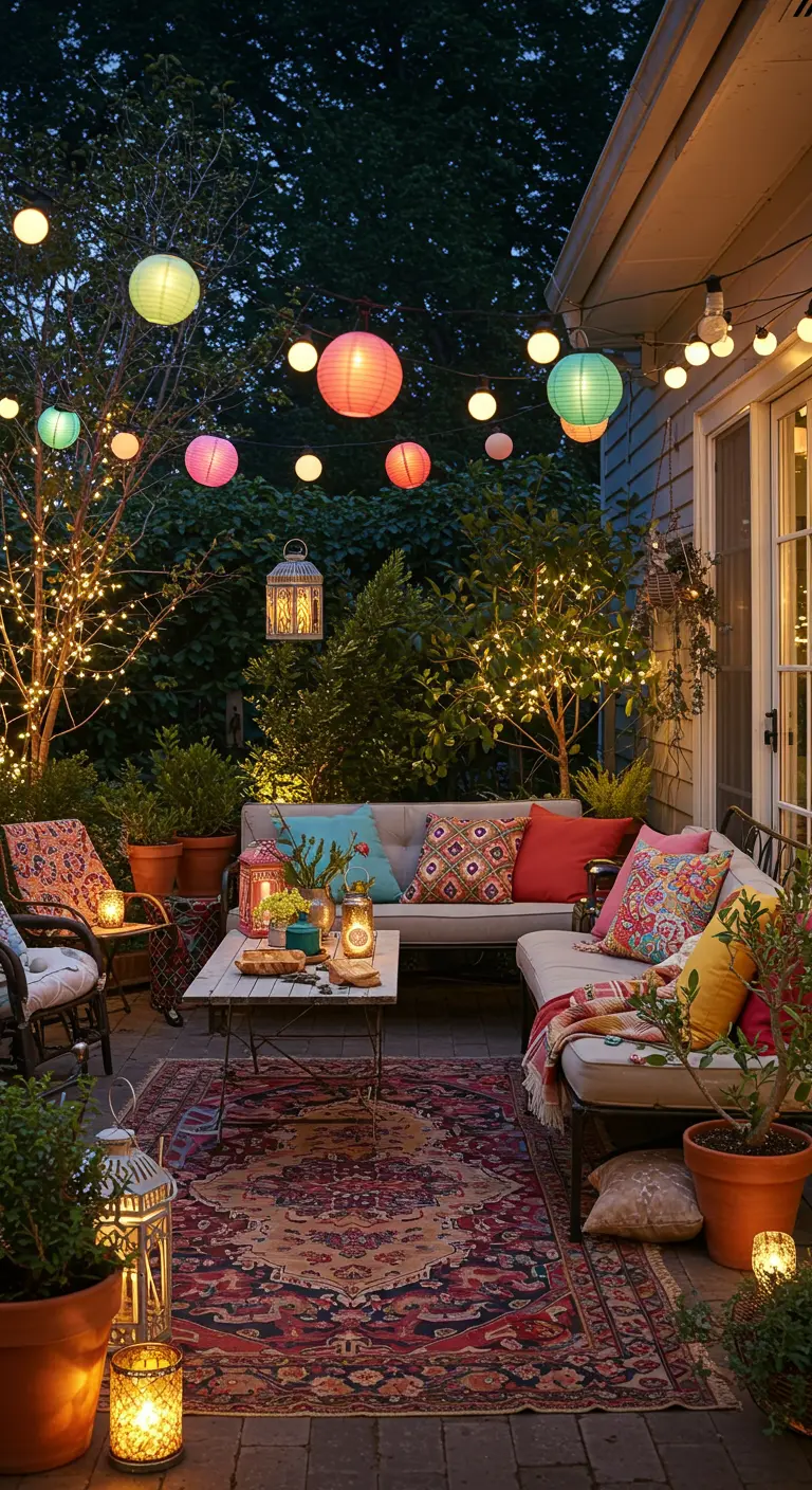 Terrasse bohème avec guirlandes lumineuses, lampions colorés, salon de jardin et plantes.