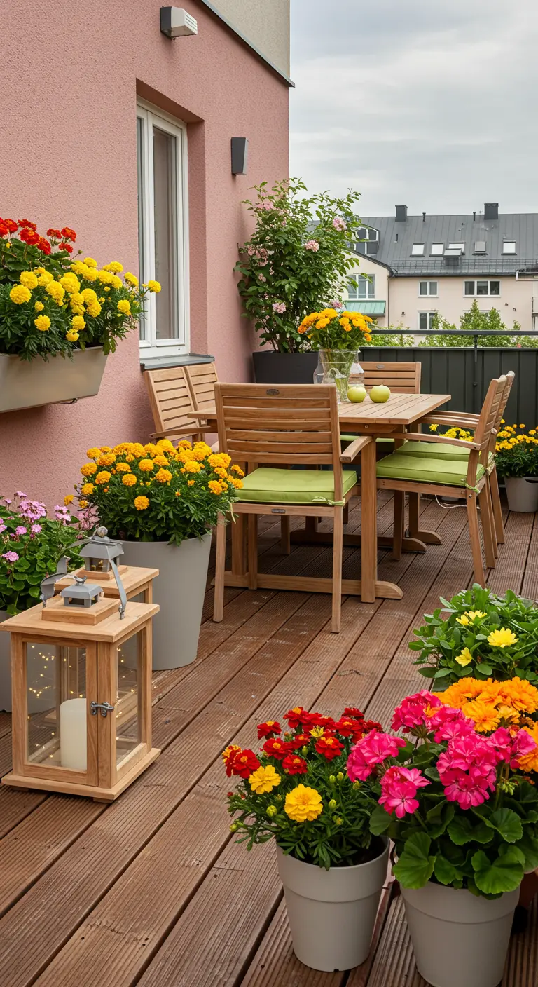 Terrasse printanière avec mur rose, table en bois, chaises, jardinières colorées et lanternes en bois.