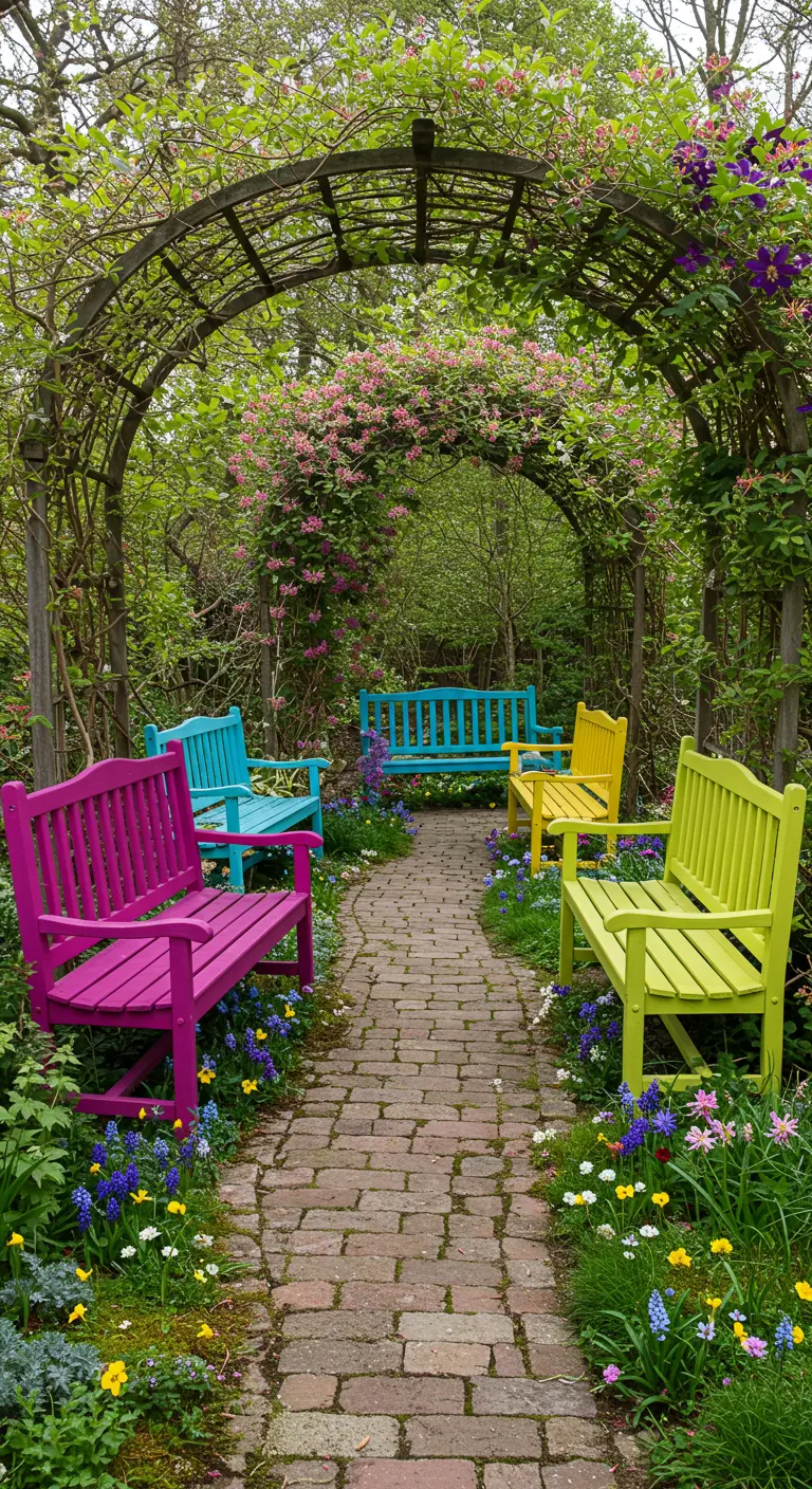 Allée de briques menant à une arche fleurie, encadrée par des bancs de jardin aux couleurs vives.