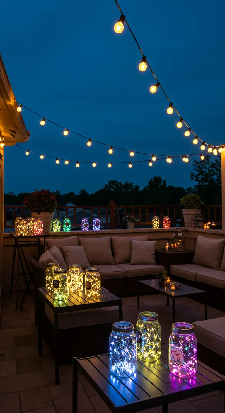Terrasse d'appartement avec des guirlandes lumineuses et des bocaux contenant des lumières LED multicolores sur les tables.